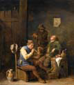 three smokers and drinkers in a tavern interior